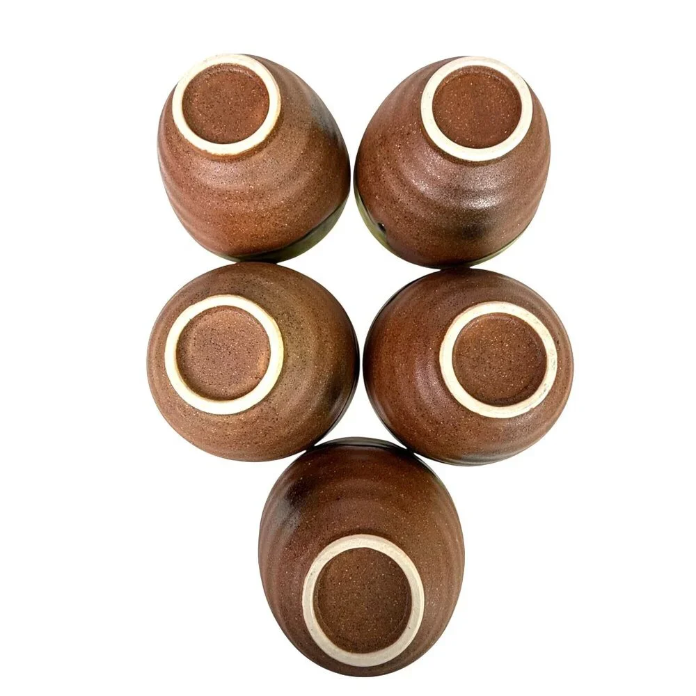 5‎ Hand Thrown Pottery Bowls Terracotta With Green Drip Glaze Edge Studio Art